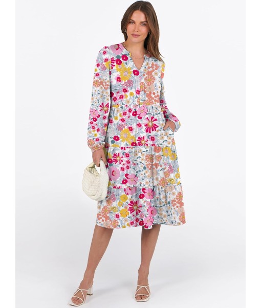 ANRABESS Long Sleeve Midi Dresses for Women V Neck 2025 Fall Fashion Casual Loose Fit Flowy Swing Tiered Vacation Boho Dress