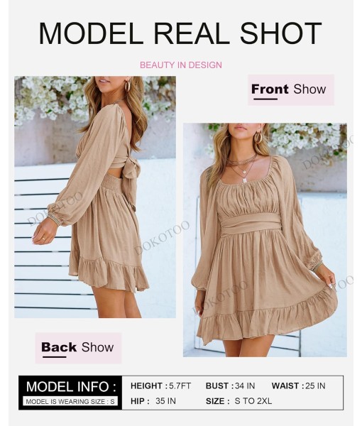 Dokotoo Womens Dress Long Lantern Sleeve Square Neck Tie Backless Sexy Dress Ruffle Elastic Waist A-Line Mini Dress
