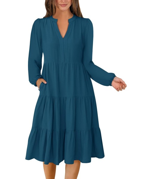 ANRABESS Long Sleeve Midi Dresses for Women V Neck 2025 Fall Fashion Casual Loose Fit Flowy Swing Tiered Vacation Boho Dress