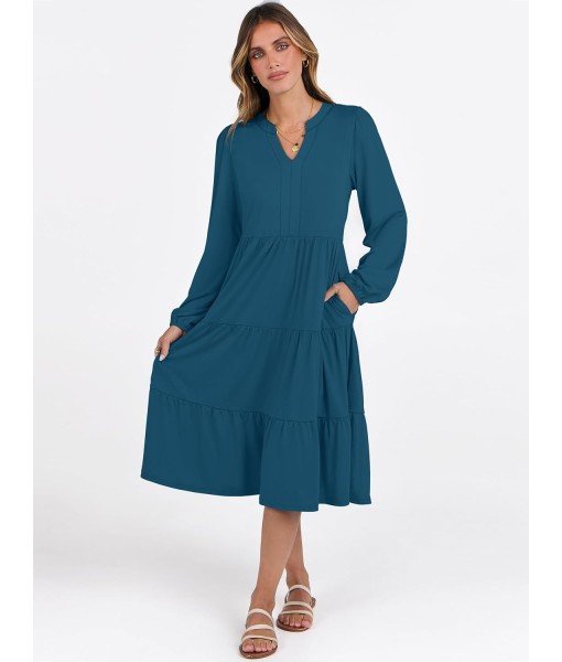 ANRABESS Long Sleeve Midi Dresses for Women V Neck 2025 Fall Fashion Casual Loose Fit Flowy Swing Tiered Vacation Boho Dress