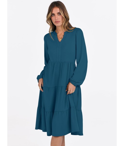 ANRABESS Long Sleeve Midi Dresses for Women V Neck 2025 Fall Fashion Casual Loose Fit Flowy Swing Tiered Vacation Boho Dress