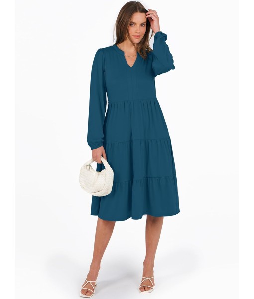 ANRABESS Long Sleeve Midi Dresses for Women V Neck 2025 Fall Fashion Casual Loose Fit Flowy Swing Tiered Vacation Boho Dress