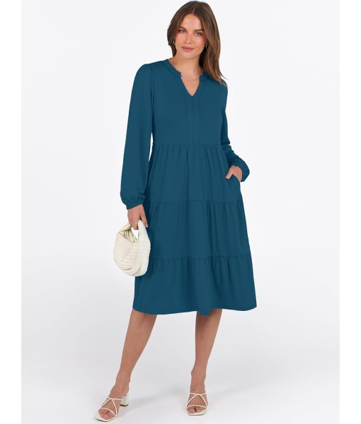 ANRABESS Long Sleeve Midi Dresses for Women V Neck 2025 Fall Fashion Casual Loose Fit Flowy Swing Tiered Vacation Boho Dress