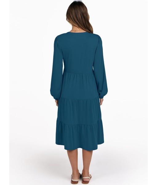 ANRABESS Long Sleeve Midi Dresses for Women V Neck 2025 Fall Fashion Casual Loose Fit Flowy Swing Tiered Vacation Boho Dress