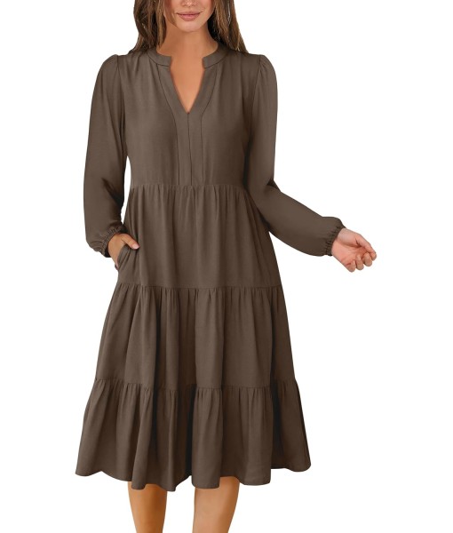 ANRABESS Long Sleeve Midi Dresses for Women V Neck 2025 Fall Fashion Casual Loose Fit Flowy Swing Tiered Vacation Boho Dress