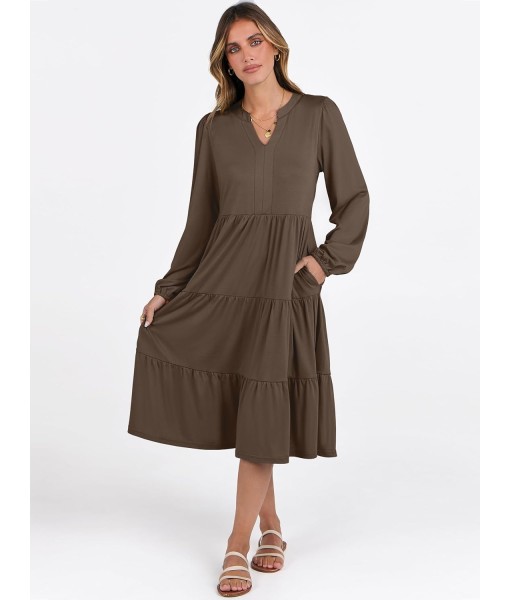 ANRABESS Long Sleeve Midi Dresses for Women V Neck 2025 Fall Fashion Casual Loose Fit Flowy Swing Tiered Vacation Boho Dress