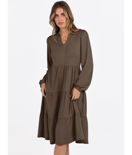 ANRABESS Long Sleeve Midi Dresses for Women V Neck 2025 Fall Fashion Casual Loose Fit Flowy Swing Tiered Vacation Boho Dress