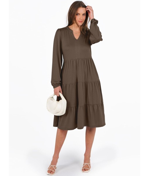 ANRABESS Long Sleeve Midi Dresses for Women V Neck 2025 Fall Fashion Casual Loose Fit Flowy Swing Tiered Vacation Boho Dress