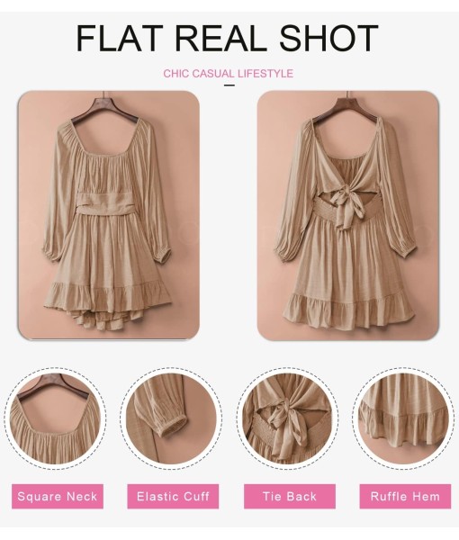 Dokotoo Womens Dress Long Lantern Sleeve Square Neck Tie Backless Sexy Dress Ruffle Elastic Waist A-Line Mini Dress