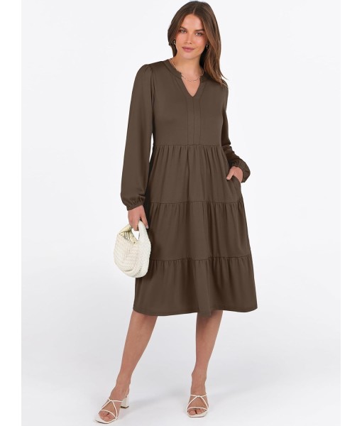 ANRABESS Long Sleeve Midi Dresses for Women V Neck 2025 Fall Fashion Casual Loose Fit Flowy Swing Tiered Vacation Boho Dress