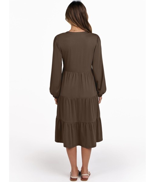 ANRABESS Long Sleeve Midi Dresses for Women V Neck 2025 Fall Fashion Casual Loose Fit Flowy Swing Tiered Vacation Boho Dress