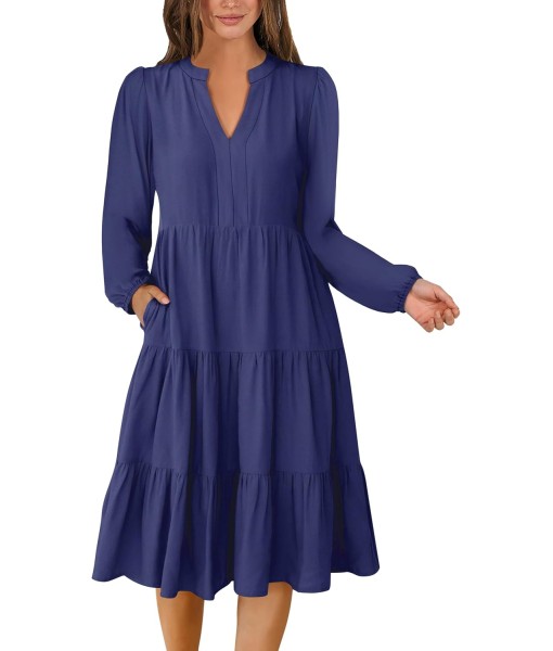 ANRABESS Long Sleeve Midi Dresses for Women V Neck 2025 Fall Fashion Casual Loose Fit Flowy Swing Tiered Vacation Boho Dress