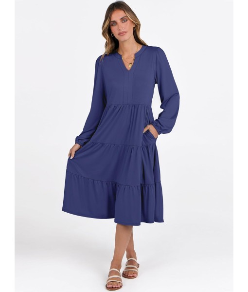 ANRABESS Long Sleeve Midi Dresses for Women V Neck 2025 Fall Fashion Casual Loose Fit Flowy Swing Tiered Vacation Boho Dress