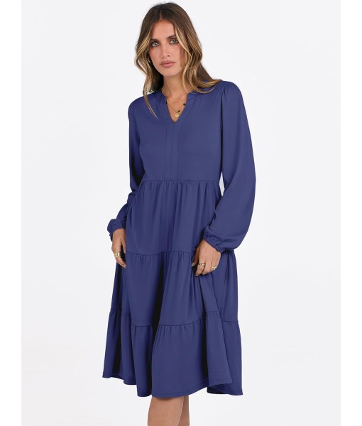 ANRABESS Long Sleeve Midi Dresses for Women V Neck 2025 Fall Fashion Casual Loose Fit Flowy Swing Tiered Vacation Boho Dress