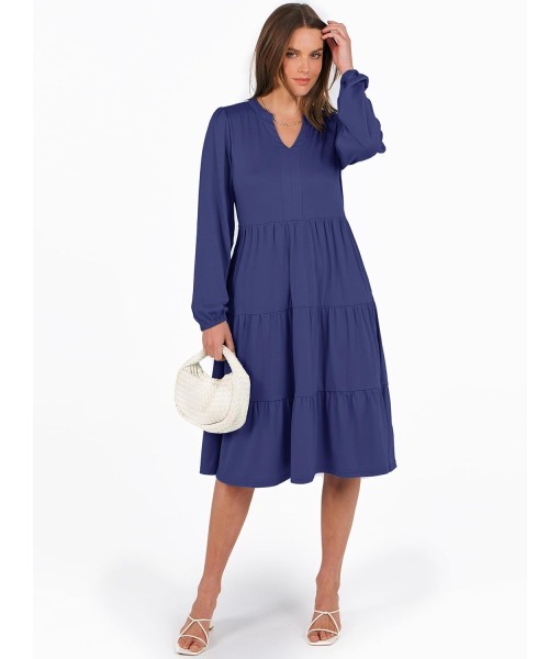 ANRABESS Long Sleeve Midi Dresses for Women V Neck 2025 Fall Fashion Casual Loose Fit Flowy Swing Tiered Vacation Boho Dress