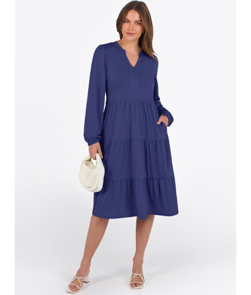 ANRABESS Long Sleeve Midi Dresses for Women V Neck 2025 Fall Fashion Casual Loose Fit Flowy Swing Tiered Vacation Boho Dress