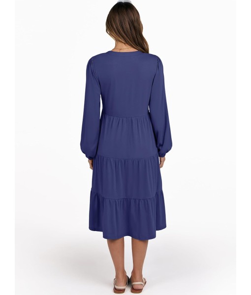 ANRABESS Long Sleeve Midi Dresses for Women V Neck 2025 Fall Fashion Casual Loose Fit Flowy Swing Tiered Vacation Boho Dress