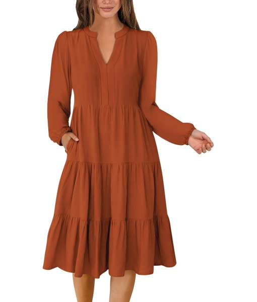 ANRABESS Long Sleeve Midi Dresses for Women V Neck 2025 Fall Fashion Casual Loose Fit Flowy Swing Tiered Vacation Boho Dress