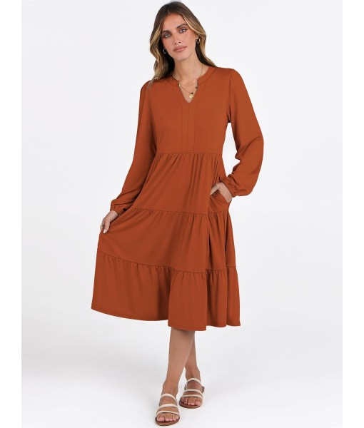 ANRABESS Long Sleeve Midi Dresses for Women V Neck 2025 Fall Fashion Casual Loose Fit Flowy Swing Tiered Vacation Boho Dress