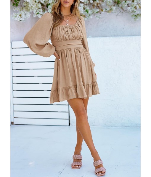 Dokotoo Womens Dress Long Lantern Sleeve Square Neck Tie Backless Sexy Dress Ruffle Elastic Waist A-Line Mini Dress