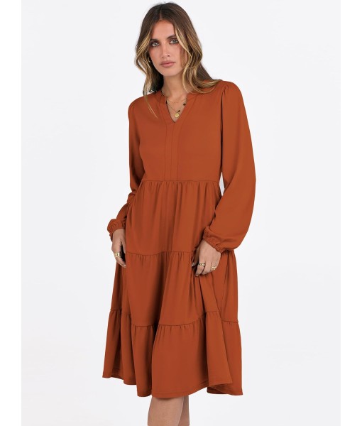 ANRABESS Long Sleeve Midi Dresses for Women V Neck 2025 Fall Fashion Casual Loose Fit Flowy Swing Tiered Vacation Boho Dress