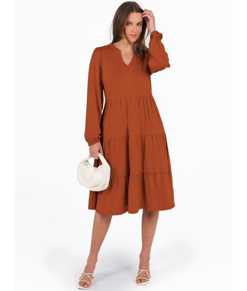 ANRABESS Long Sleeve Midi Dresses for Women V Neck 2025 Fall Fashion Casual Loose Fit Flowy Swing Tiered Vacation Boho Dress