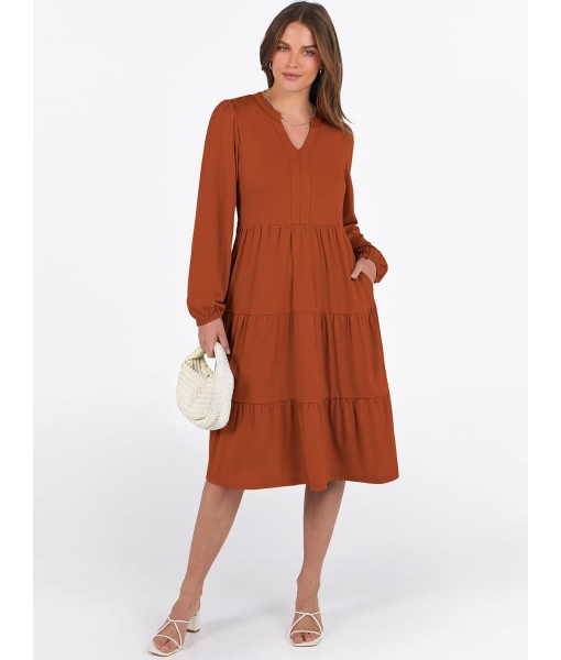 ANRABESS Long Sleeve Midi Dresses for Women V Neck 2025 Fall Fashion Casual Loose Fit Flowy Swing Tiered Vacation Boho Dress