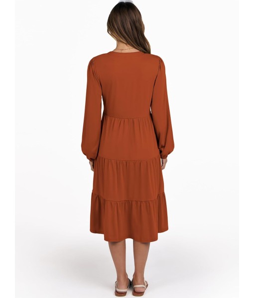ANRABESS Long Sleeve Midi Dresses for Women V Neck 2025 Fall Fashion Casual Loose Fit Flowy Swing Tiered Vacation Boho Dress