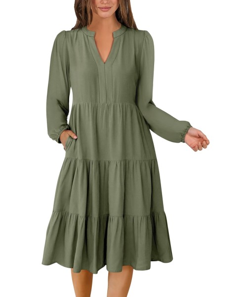 ANRABESS Long Sleeve Midi Dresses for Women V Neck 2025 Fall Fashion Casual Loose Fit Flowy Swing Tiered Vacation Boho Dress