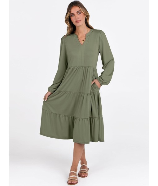 ANRABESS Long Sleeve Midi Dresses for Women V Neck 2025 Fall Fashion Casual Loose Fit Flowy Swing Tiered Vacation Boho Dress