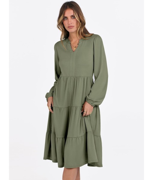 ANRABESS Long Sleeve Midi Dresses for Women V Neck 2025 Fall Fashion Casual Loose Fit Flowy Swing Tiered Vacation Boho Dress