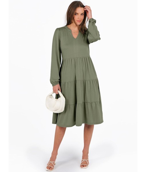 ANRABESS Long Sleeve Midi Dresses for Women V Neck 2025 Fall Fashion Casual Loose Fit Flowy Swing Tiered Vacation Boho Dress