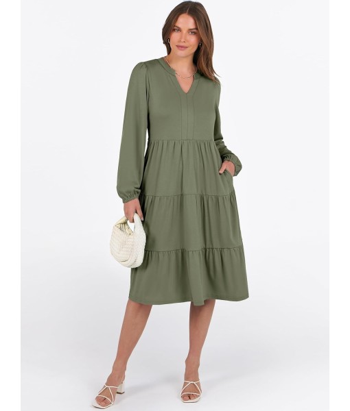 ANRABESS Long Sleeve Midi Dresses for Women V Neck 2025 Fall Fashion Casual Loose Fit Flowy Swing Tiered Vacation Boho Dress