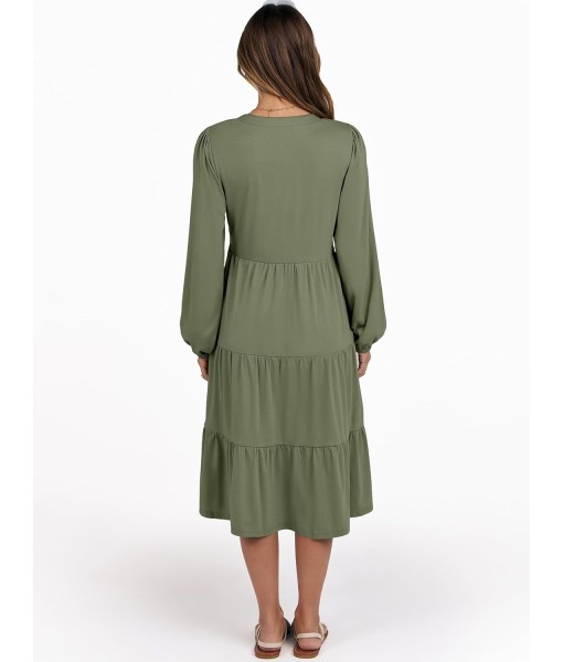 ANRABESS Long Sleeve Midi Dresses for Women V Neck 2025 Fall Fashion Casual Loose Fit Flowy Swing Tiered Vacation Boho Dress