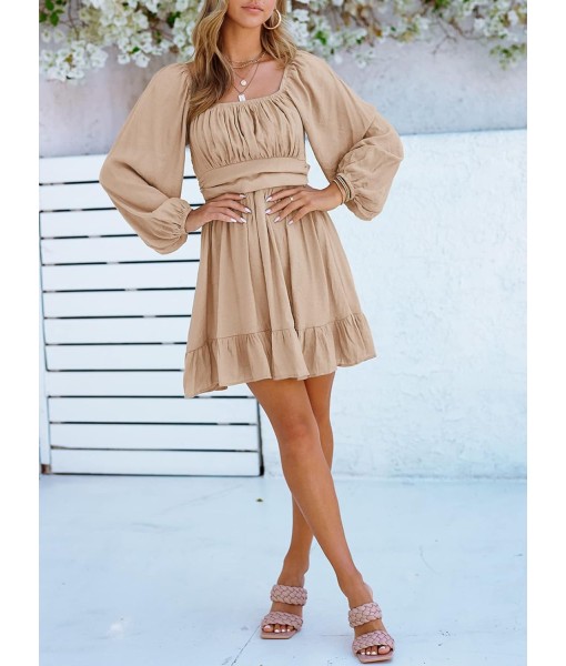Dokotoo Womens Dress Long Lantern Sleeve Square Neck Tie Backless Sexy Dress Ruffle Elastic Waist A-Line Mini Dress