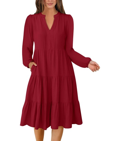 ANRABESS Long Sleeve Midi Dresses for Women V Neck 2025 Fall Fashion Casual Loose Fit Flowy Swing Tiered Vacation Boho Dress