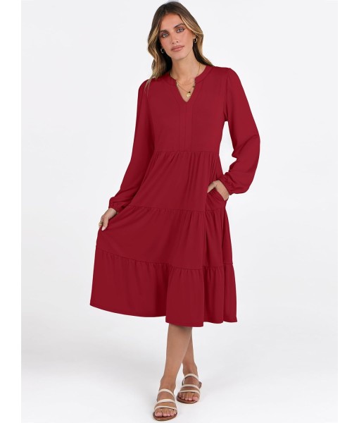 ANRABESS Long Sleeve Midi Dresses for Women V Neck 2025 Fall Fashion Casual Loose Fit Flowy Swing Tiered Vacation Boho Dress