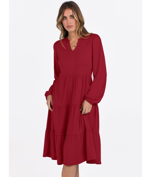 ANRABESS Long Sleeve Midi Dresses for Women V Neck 2025 Fall Fashion Casual Loose Fit Flowy Swing Tiered Vacation Boho Dress