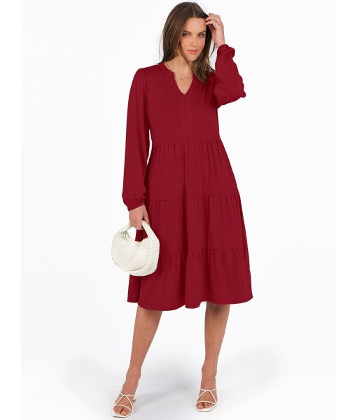 ANRABESS Long Sleeve Midi Dresses for Women V Neck 2025 Fall Fashion Casual Loose Fit Flowy Swing Tiered Vacation Boho Dress
