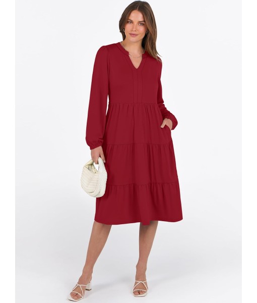 ANRABESS Long Sleeve Midi Dresses for Women V Neck 2025 Fall Fashion Casual Loose Fit Flowy Swing Tiered Vacation Boho Dress