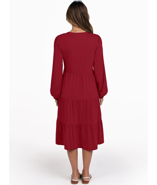ANRABESS Long Sleeve Midi Dresses for Women V Neck 2025 Fall Fashion Casual Loose Fit Flowy Swing Tiered Vacation Boho Dress