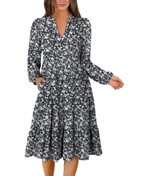 ANRABESS Long Sleeve Midi Dresses for Women V Neck 2025 Fall Fashion Casual Loose Fit Flowy Swing Tiered Vacation Boho Dress