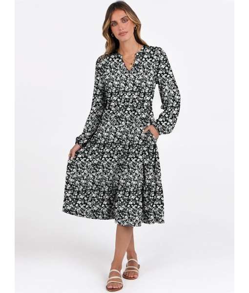 ANRABESS Long Sleeve Midi Dresses for Women V Neck 2025 Fall Fashion Casual Loose Fit Flowy Swing Tiered Vacation Boho Dress