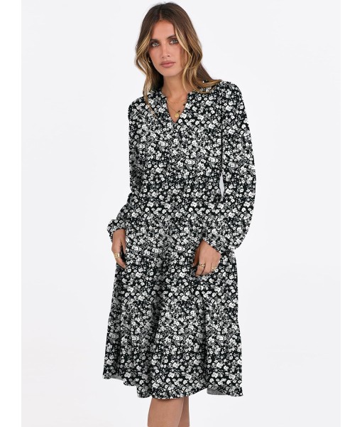 ANRABESS Long Sleeve Midi Dresses for Women V Neck 2025 Fall Fashion Casual Loose Fit Flowy Swing Tiered Vacation Boho Dress