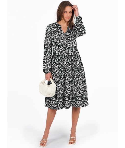 ANRABESS Long Sleeve Midi Dresses for Women V Neck 2025 Fall Fashion Casual Loose Fit Flowy Swing Tiered Vacation Boho Dress