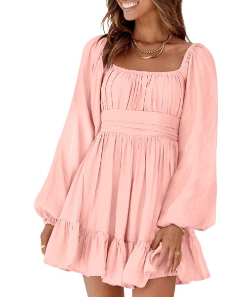 Dokotoo Womens Dress Long Lantern Sleeve Square Neck Tie Backless Sexy Dress Ruffle Elastic Waist A-Line Mini Dress
