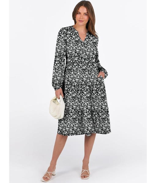 ANRABESS Long Sleeve Midi Dresses for Women V Neck 2025 Fall Fashion Casual Loose Fit Flowy Swing Tiered Vacation Boho Dress