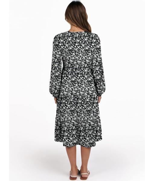 ANRABESS Long Sleeve Midi Dresses for Women V Neck 2025 Fall Fashion Casual Loose Fit Flowy Swing Tiered Vacation Boho Dress