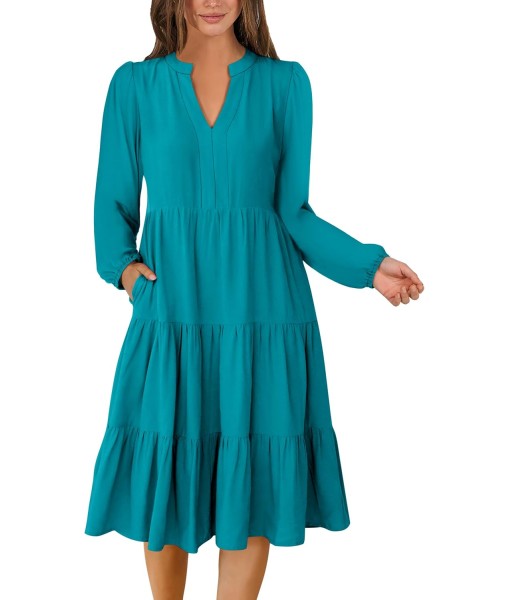 ANRABESS Long Sleeve Midi Dresses for Women V Neck 2025 Fall Fashion Casual Loose Fit Flowy Swing Tiered Vacation Boho Dress
