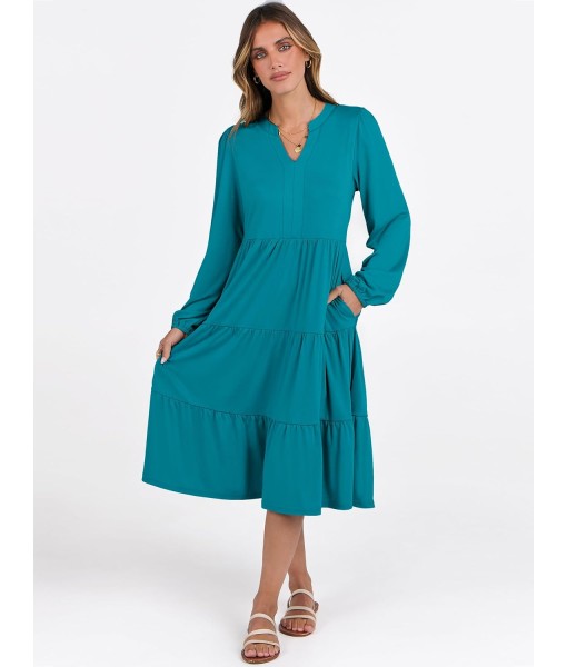 ANRABESS Long Sleeve Midi Dresses for Women V Neck 2025 Fall Fashion Casual Loose Fit Flowy Swing Tiered Vacation Boho Dress